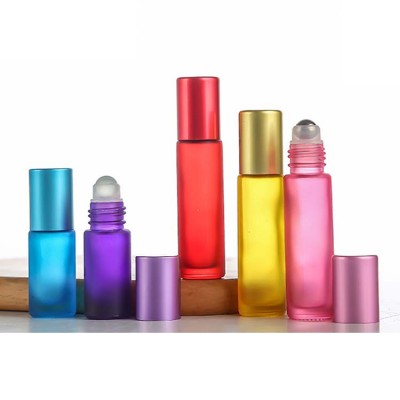 rainbow color frosted glass roll on bottle glass perfume roller ball  bottles with wood lid