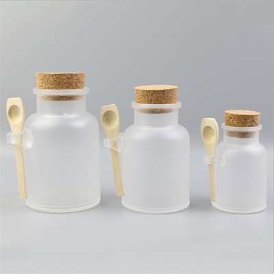 100ml 200ml 300ml ABS frosted clear bath salt bottle with wooden lids wooden spoon for body scrub in stock