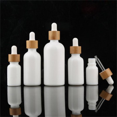 frosted white 30ml glass dropper bottle with bamboo wood lids